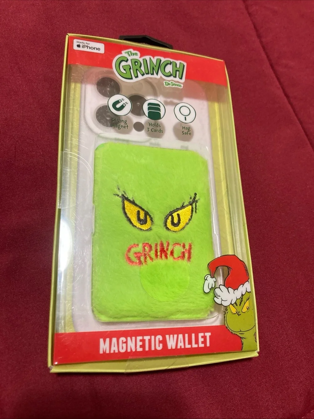 The Grinch Fuzzy Magnetic Wallet For iPhones Holds 3 Cards Strong Magnet New